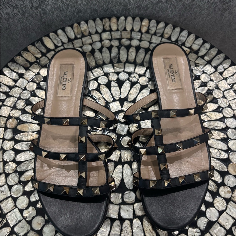 Valentino Black and Gold Studded Sandals